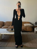 Ebbgo  Sexy Solid High Waist Bodycon Maxi Dress Fashion Elegant Deep V Neck Long Sleevevestdoes 2024 Female Evening Party Robes