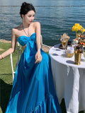 Ebbgo  -  Summer Sexy Backless Beach Long Dresses Women's Fashion Blue Halter A-line Party Sundress Elegant Pleated Runway Robe Mujers