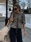 Ebbgo  -  Leopard Print Lace Up Hollow Out Women Shirt Blouses O-neck Ruffles Short Puff Sleeve Spring Summer Casual Office Lady Tops