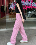 Ebbgo  -  American Style Retro Pink Overalls Women's Spring Multi-Pocket Straight Casual Pants Mopping Wide Leg Pants