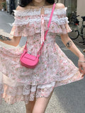 Ebbgo  Floral Kawaii Lolita Party Mini Dress Women Print Ruffles Korean Sweet Cute Fairy Dress Off Shoulder Elegant Dress Summer