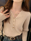 Ebbgo  -  V-neck Knit Pullover Women Fashion Slim Chic Soft Korean Knitwears Female Spring Autumn Solid Long Sleeves Knitwears Lady