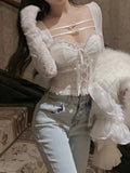 Ebbgo  -   Spring Sexy Bodycon White Blouse Women Slim Korean Fashion Y2k Crop Tops Basic Casual Vintage Lace Pullover Long Sleeve