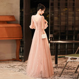 Ebbgo  -  Dresses medium length Pink dinner dress party evening floral cocktail graduation Banquet lace long sleeve gala ball gown H112