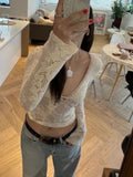 Ebbgo  2024 Trendy Women New Lace Knitted Crop Top Fashion Vintage Grunge Tee Shirts Sexy V Neck Y2k Aesthetic Harajuku T-Shirts Korean