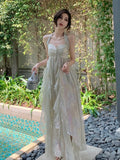 Ebbgo   Summer Women Beach Long Sundress Suspenders Vintage Backless Ruffles Fairy Dress Elegant Holiday Beach Romantic Party Dress