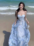 Ebbgo  - Tea Break French Blue Strap Dress Female Summer New Beach Holiday Sunset Fairy