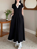 Ebbgo  -  Summer Maxi Dresses for Women French Fashion Elegant Dress V-neck Short Sleeve Office Lady Long Dress