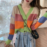 Ebbgo  -  Striped Knit Sweater Cardigan Women Single-breasted V-neck Jacket Coat Autumn Winter Long Sleeve Loose Stylish Tops