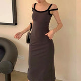 Ebbgo  -  Korean Contrast Color Patchwork Casual Suspender Dress New High Street Sexy Backless Slim Mid-length Dress for Women