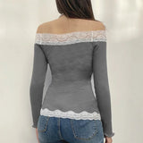 Ebbgo  American Sexy Off Shoulder Lace T-shirts Y2k Slim Fit All-match Knitted Tops Women 2024 Spring New Long Sleeve Tee Shirt