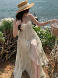 Ebbgo  France Fashion Irregular Beach Strap Dress Female Elegant Chiffon Fairy Party Vestidos Korea Summer Casual Clothing