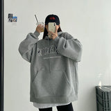 Ebbgo  American Nostalgic Baggy Pullover Fashion Letter Printing Fleece Thicken Sweatshirt Casual Lazy Raglan Sleeves Drawstring Hoodie