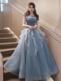 Ebbgo  - Elegant Blue Prom Gown Women's Strapless Slim Fit Design Floor Length Detachable Ruffle Edge Mesh Sleeve Quinceanera Vestido