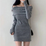 Ebbgo  -  Pure Color Elegant Knitted Dress Woman Bodycon Slim Y2k Mini Dress Casual Party Korean Fashion Long Sleeve Dress Winter