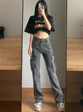 Ebbgo  High Waist Shot Gray Trousers Cargo Straight Leg Pants for Woman with Pockets Women's Jeans A Summer Emo Loosefit Grunge Y2k R Z