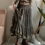 Ebbgo  -  Pleated Skirts y2k Fairycore Ruffles Shirring Lace Trim Cute Midi Skirts Women Holiday Prepply Chic Skirts Korean Harajuku