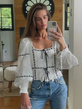 Ebbgo  Patchwork Lace Up Women Top Long Sleeve Turn-down Collar Lady Blouse 2024 Fashion Elegant Sweet Office Straight Female Tops