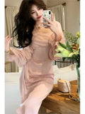 Ebbgo  Spring Vintage Women Fishbone Square Collaer Long Sleeve Dress Retro Pink White Black Party Dress vestido para embarazada