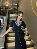 Ebbgo  -  Elegant Colorful Embroidered Knitted Dress Women Fashion Lapel Short Sleeve Single Breasted Robe Summer Lady Chic Vestidos