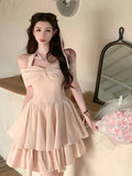 Ebbgo   Sweet Elegant Y2k Mini Dress Women Chic Korean Pink Kawaii Bow Office Lady Dress Perfect Summer Even Party Dresses Female