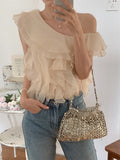 Ebbgo  S-M Apricot Blouses Ruffles Daily Summer Gentle Skew Collar Tank Tops Slim  New Elegant Office Lady Chic Solid