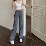 Ebbgo  Black Gray Lace Up Design Jeans Women Vintage High Waist Straight Denim Pants Female Autumn Winter New Chic Wide Leg Trousers