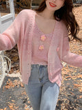 Ebbgo  2 Piece Set Women Knitter Suits Pink Sweater Elegant Cardigan + Y2k Crop Tops Office Lady Kawaii Clothing Korean