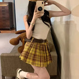 Ebbgo    Vintage Y2k Plaid Pleated Skirt Women Spring 2024 Harajuku Sexy Belt High Waist A-line Slim Mini Skirt Preppy Style