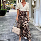 Ebbgo  -  Women Fashion Leopard Print Holiday Skirts Summer Casaul Loose Hem Long Skirt Elegant Hight Waist Tie-up Draped Party Skirt