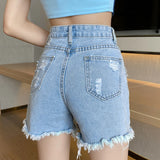 Ebbgo  -  Sweet Hot Girl Washed Denim Shorts for Women's Spring/summer High Waisted Loose Studded A-line Hot Pants Fashion Female Clothes