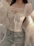 Ebbgo  -   Spring Sexy Bodycon White Blouse Women Slim Korean Fashion Y2k Crop Tops Basic Casual Vintage Lace Pullover Long Sleeve