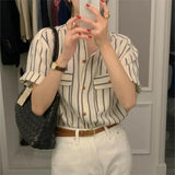 Ebbgo  Blusas Mujer De Moda  Cargo Office Lady Vintage Blouse Lapel Vertical Stripe Shirt Short Sleeved Loose Casual Top Y2k Grunge