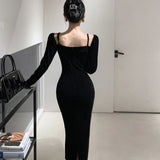 Ebbgo  -  French Black Plush Dresses Women Side-slit Suspenders Retro Korean Style Leisure Slim Solid Wrap Buttocks A-LINE Off-shoulder