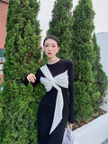 Ebbgo  -  Retro Fashion Contrast Color Elegant Party Ladies Dresses Autumn Casual Street Long Sleeve Slim Midi Dress for Women