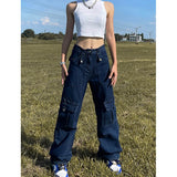 Ebbgo  American Vintage Blue Cargo Jeans Fashion High Waist Pocket Straight Pants High Street Y2K Baggy Wide Leg Denim Trouser Autumn