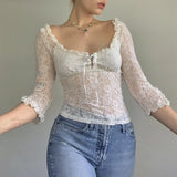 Ebbgo   Fairy Coquette Floral Lace T-shirt Low Cut Front Tie Up White Tees Chic Women Vintage Y2K Milkmaid Crop Tops Clothes