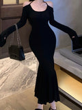 Ebbgo  Sexy Solid Halter Dress Women Off Shoulder Flare Sleeve Slim Mermaid Autumn Winter New Elegant Evening Party Female Midi Dresses