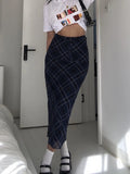 Ebbgo   Vintage Y2k Long Skirt Women Plaid Low Waist Slim Mesh Patchwork Straight Midi Skirt Casual Preppy Style Streetwear