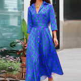 Ebbgo  -  Summer New Floral Print V-Neck Street Boho Dress Fashion Loose Half Sleeve Button Party Dress Women Elegant Slit Ruffles Dresses