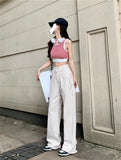 Ebbgo  -  Casual Pants Women's High-Waisted Drawstring Overalls Spring Loose Floor Straight Pants Wide Leg Pants Long Pants