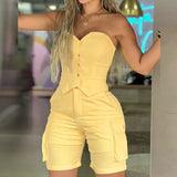 Ebbgo  -  Women Sexy Strapless Vest 2pcs Set Spring Button Tube Tops+High Waist Shorts Outfit Summer Solid Hollow Out Casual Suit Harajuku