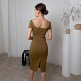 Ebbgo  - Ginger One Piece Women Dress Cape Sleeve Elegant and Beautiful Office Lady Dress Slim Square Neck Women Clothing