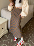 Ebbgo  Vintage Slim Long Skirts Women Split Plaid Chic 2024 Elegant OL Daily High Waist Spring Office Lady Fashion