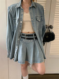 Ebbgo  Blue Jeanswear Two Pieces Sets Women New Slim Fashion Loose Denim Coats Summer OL Retro Pleated Mini Skirts Suits