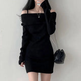 Ebbgo  -  Pure Color Elegant Knitted Dress Woman Bodycon Slim Y2k Mini Dress Casual Party Korean Fashion Long Sleeve Dress Winter