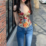 Ebbgo  -  Women's Flower Print Crop Top Fashion Vest 90s Aesthetic Corset Top Sleeveless Off Shoulder Y2k Tank Tops 2000s Clothes Summer