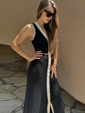 Ebbgo  -  Knitted Ribbed Single Breasted Maxi Dress Women Contrast Color V Neck Sleeveless Bodycon Long Dresses  Fashion Streetwear