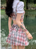 Ebbgo  Fashion Korean Preppy Style Mini Skirts Women Clothing Blouse  Summer Set White Pink Kawaii Harajuku Pleated Plaid Skirt