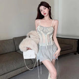 Ebbgo  Spicy Girl Mesh Sling Vest Pleated Skirt Two-piece Set Women Flounce Splice Collarbone Sweet Fashion Sleeveless Slim Summer Suit